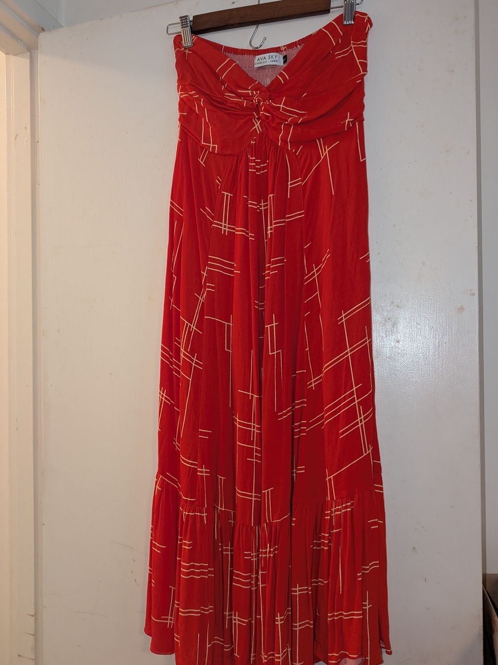 Ava Sky Red Strapless Maxi Dress with Cream Line Print